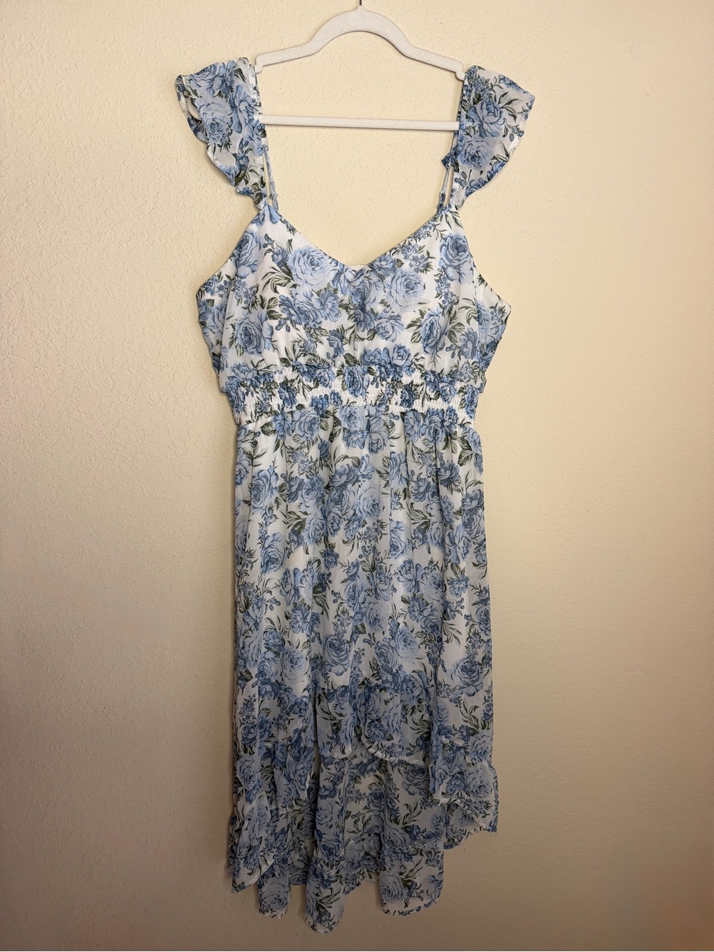 No Boundaries Blue Floral Smocked Midi Dress